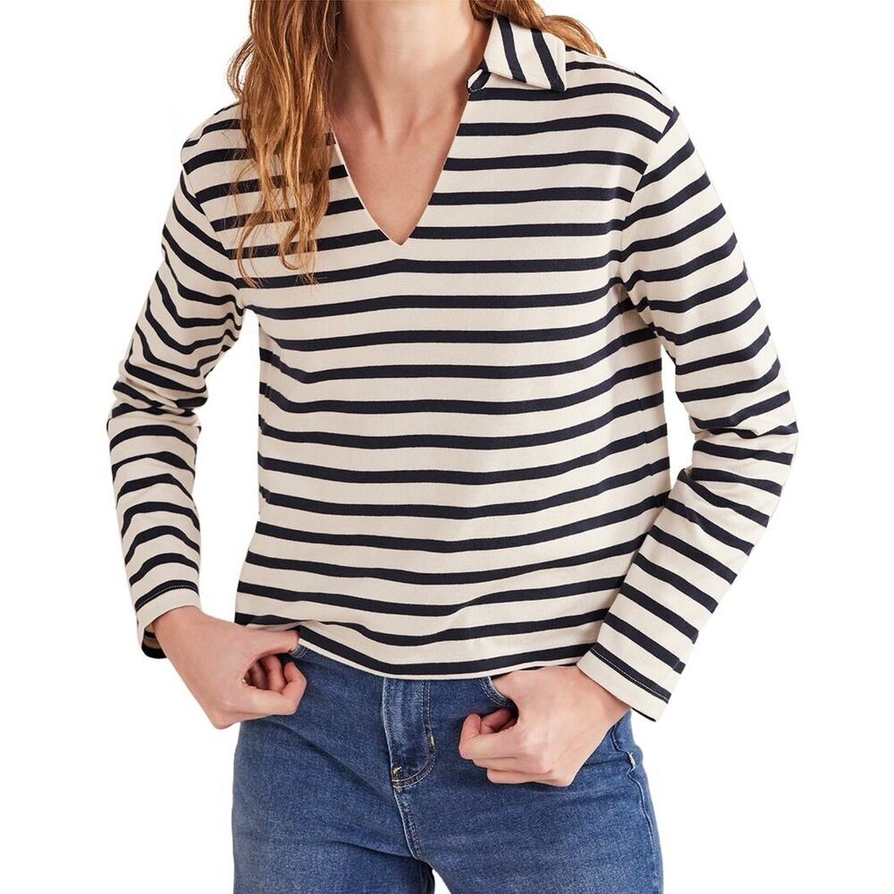 Boden Notch Collar Stripe Ivory Navy Cotton Shirt Casual Coastal Preppy Sz Small